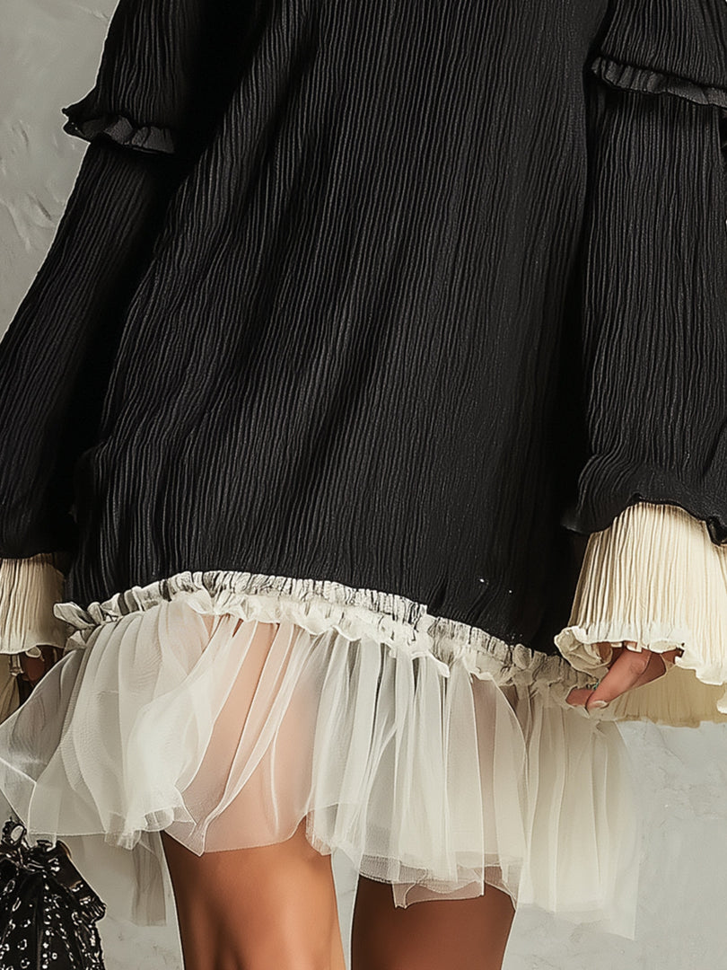 Women's Black Mini Dress Off Shoulder Lace Trim Ruffle Sleeve