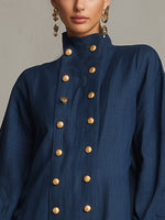 Load image into Gallery viewer, Women's Navy Shirt Dress Button Front Ruffle Hem Collar
