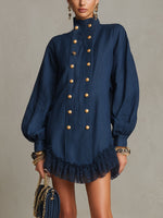 Load image into Gallery viewer, Women's Navy Shirt Dress Button Front Ruffle Hem Collar
