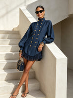 Load image into Gallery viewer, Women's Navy Shirt Dress Button Front Ruffle Hem Collar
