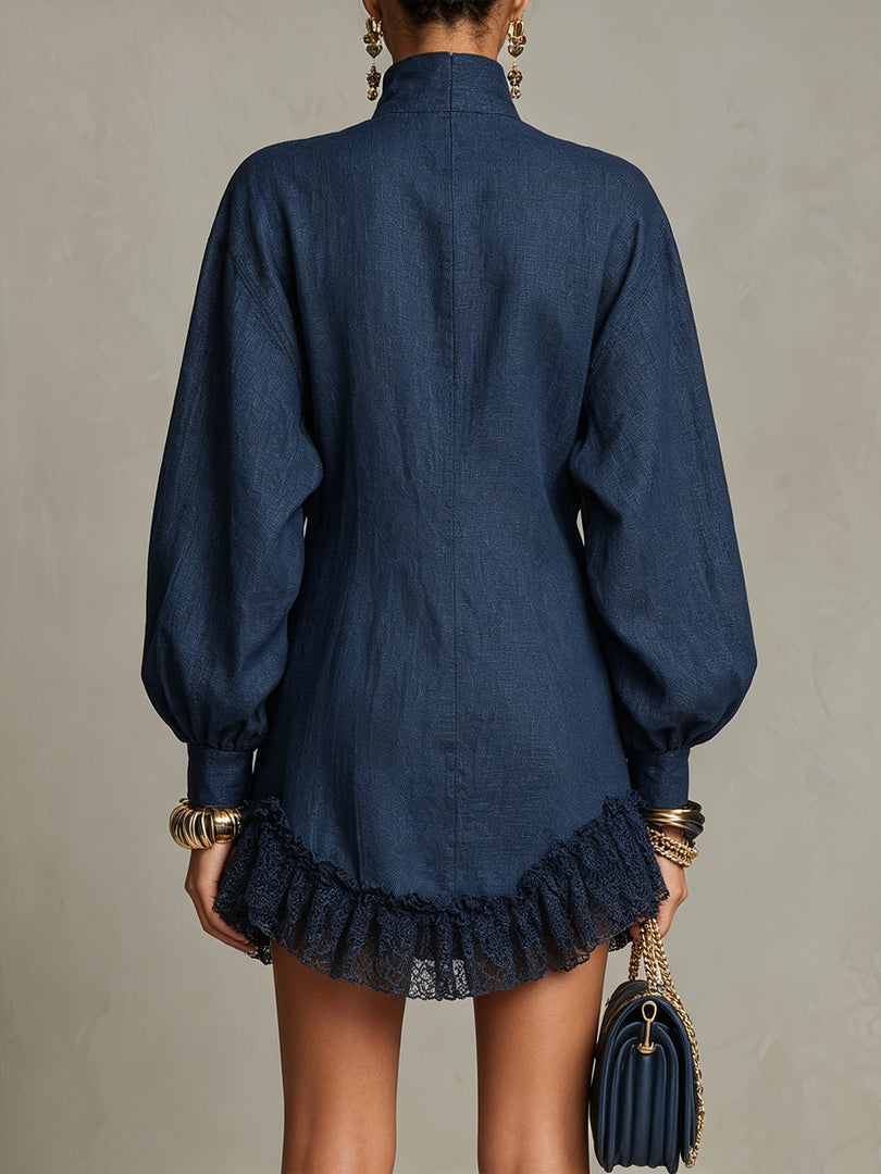 Women's Navy Shirt Dress Button Front Ruffle Hem Collar