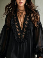 Load image into Gallery viewer, Women's Black Chiffon Mini Dress Deep V Neck Balloon Sleeve Ruffle Boho Style
