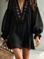 Load image into Gallery viewer, Women's Black Chiffon Mini Dress Deep V Neck Balloon Sleeve Ruffle Boho Style
