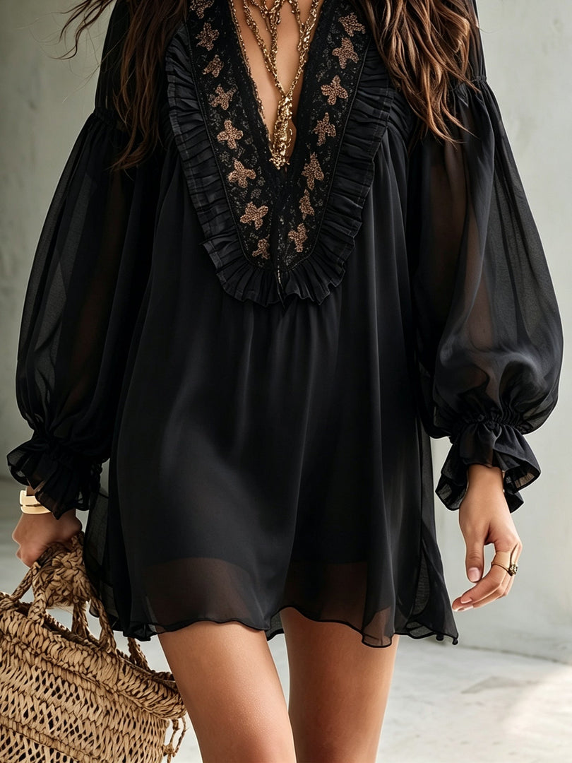 Women's Black Chiffon Mini Dress Deep V Neck Balloon Sleeve Ruffle Boho Style