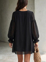 Load image into Gallery viewer, Women's Black Chiffon Mini Dress Deep V Neck Balloon Sleeve Ruffle Boho Style
