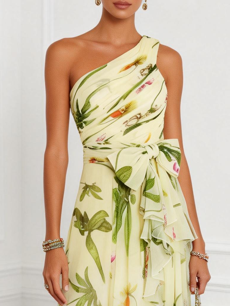 Women's Floral Maxi Dress One Shoulder Ruffle Chiffon a Line Formal Wedding Guest Style