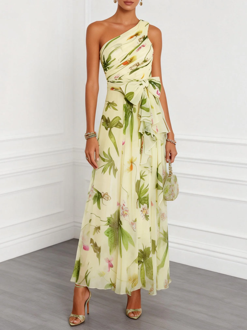 Women's Floral Maxi Dress One Shoulder Ruffle Chiffon a Line Formal Wedding Guest Style