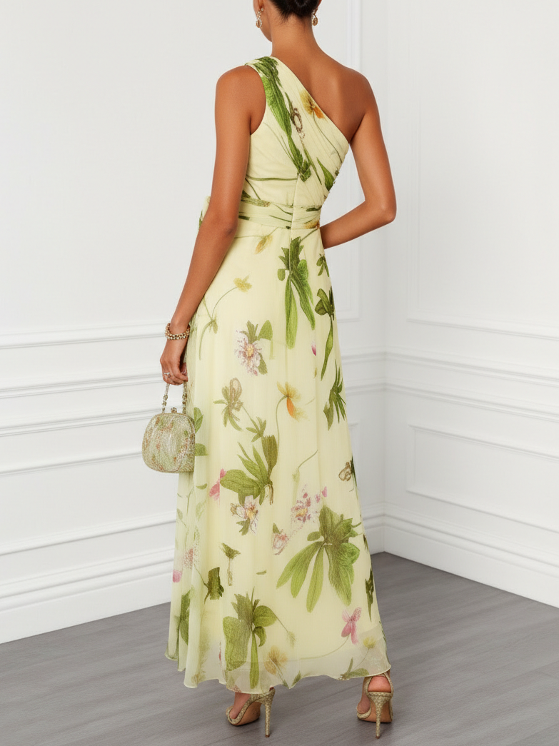 Women's Floral Maxi Dress One Shoulder Ruffle Chiffon a Line Formal Wedding Guest Style