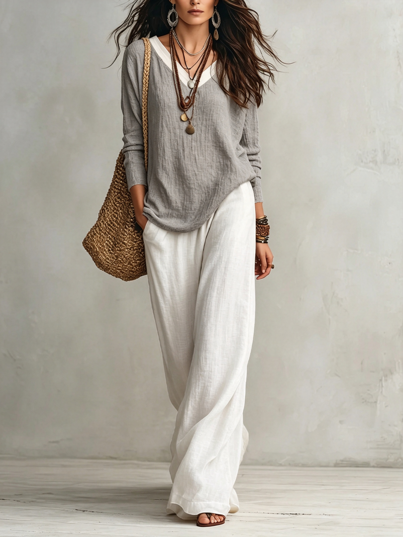 Women's Grey V Neck Blouse Long Sleeve Relaxed Draped Flowy Style