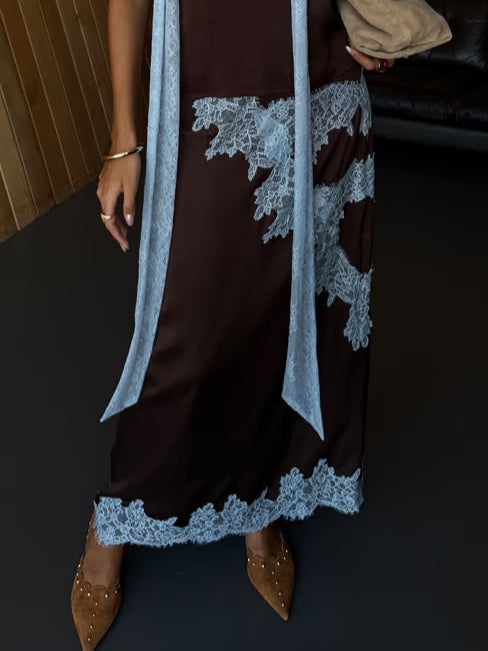 Women's Brown Maxi Dress V Neck Halter Tie Dye Print Side Slit Flowing Style