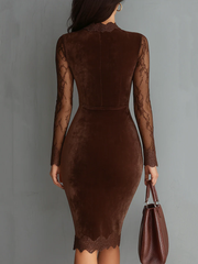 Women's Velvet Mini Dress Keyhole Lace Sleeve Bodycon Fit