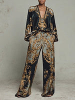 Load image into Gallery viewer, Women's Baroque Print Two Piece Set Wide Leg Trouser V-Neck Top
