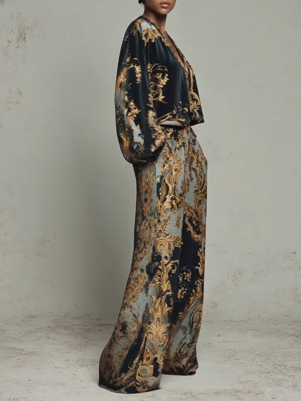 Women's Baroque Print Two Piece Set Wide Leg Trouser V-Neck Top