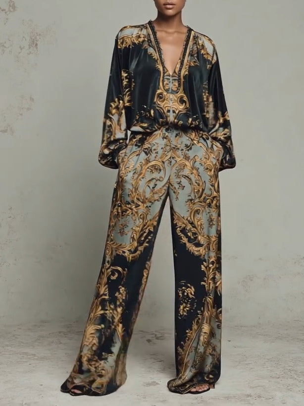 Women's Baroque Print Two Piece Set Wide Leg Trouser V-Neck Top