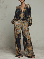 Load image into Gallery viewer, Women's Baroque Print Two Piece Set Wide Leg Trouser V-Neck Top
