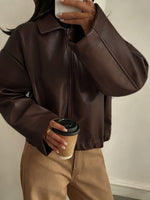 Load image into Gallery viewer, Women's Brown Leather Jacket Collar Zip Front Cropped Style

