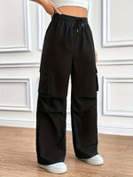 Load image into Gallery viewer, Women's Black Cargo Pants High Waist Drawstring Wide Leg Relaxed Style

