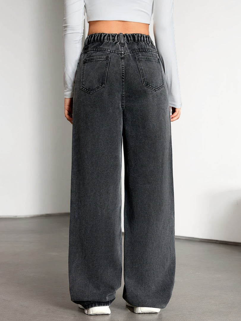 Women's Grey Wide Leg Jeans High Waist Flowing Loose Fit Denim Style