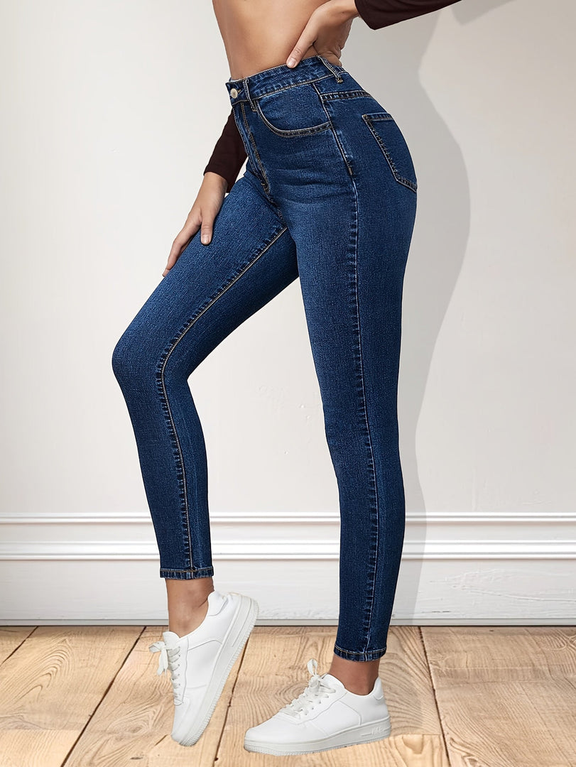 Women's Blue Relaxed Skinny Jeans High Waist Slim Fit Ankle Length