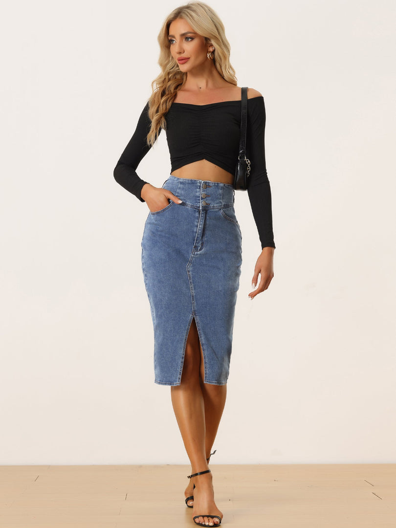 Women's Jean Skirt High Waist Front Slit Midi Pencil Style