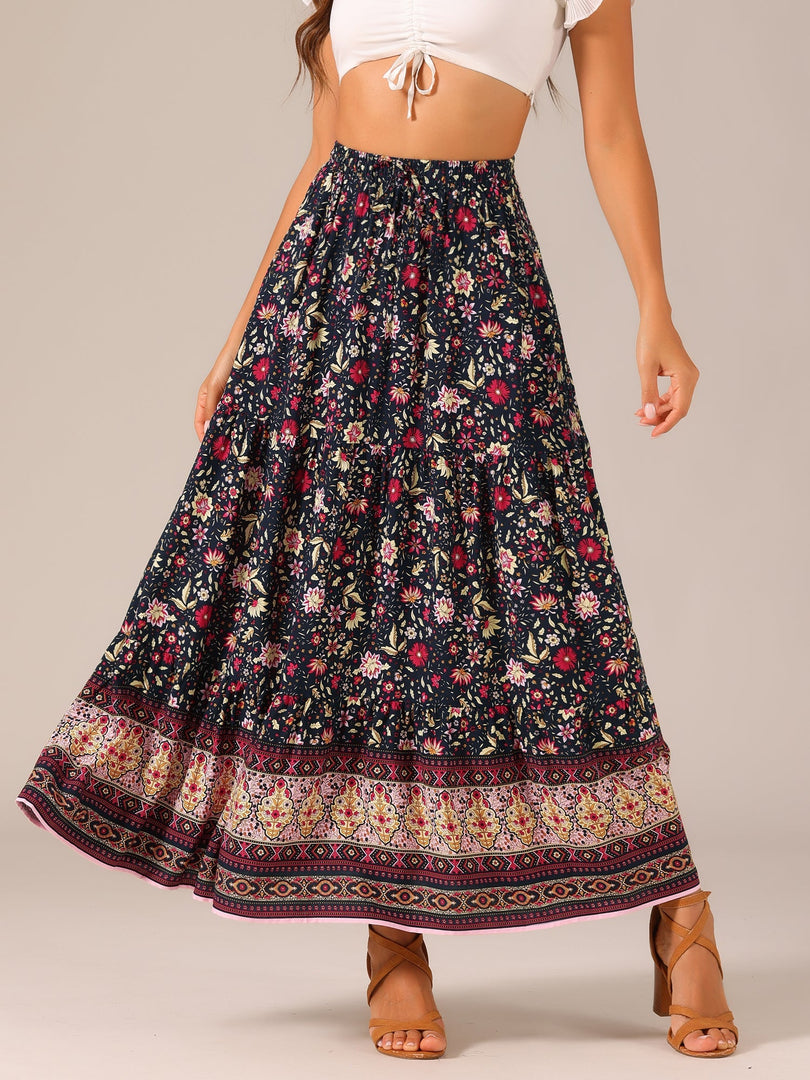 Women's Printed Maxi Skirt High Waist Side Slit Flowing