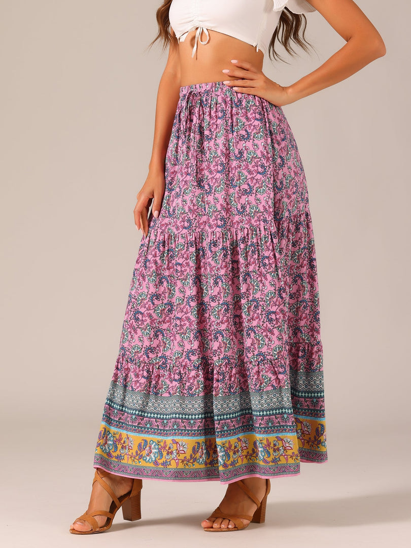 Women's Printed Maxi Skirt High Waist Side Slit Flowing