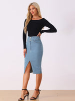 Load image into Gallery viewer, Women's Jean Skirt High Waist Front Slit Midi Pencil Style
