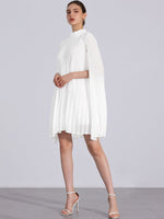 Load image into Gallery viewer, Women's White Mini Dress Cape Sleeve Pleated Flowing Style
