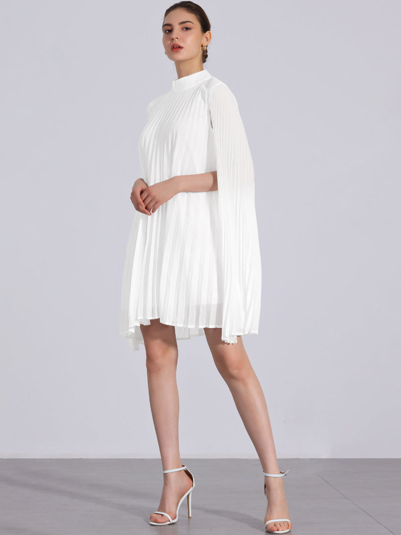 Women's White Mini Dress Cape Sleeve Pleated Flowing Style
