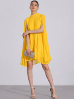 Load image into Gallery viewer, Women's Yellow Pleated Swing Dress Cape Sleeve Mock Neck Flowy Style
