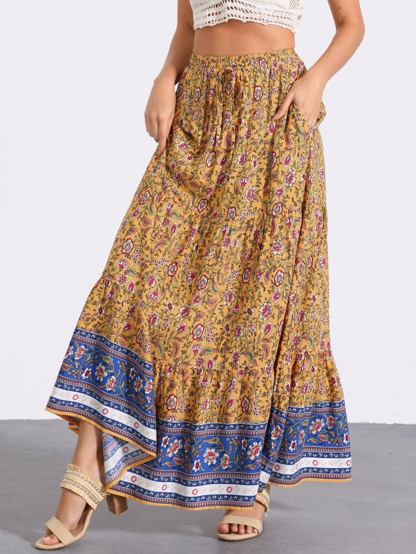 Women's Printed Maxi Skirt High Waist Side Slit Flowing
