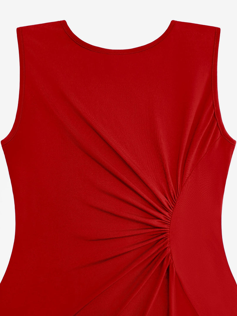 Women's Red Midi Dress Crew Neck Sleeveless Twist Waist High Low Hem