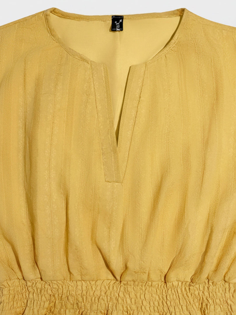 Women's Yellow Maxi Dress Notch Neck Elastic Waist Short Sleeve