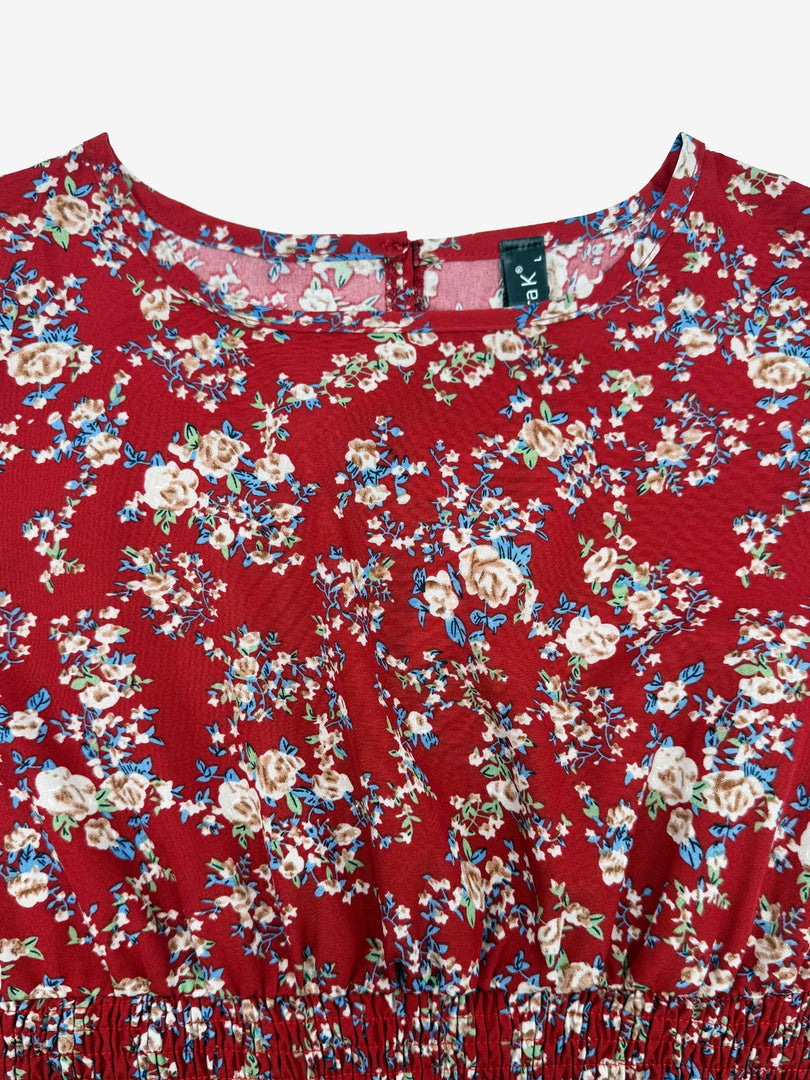 Women's Red Floral Dress Puff Sleeve High Low Flowy Midi Style