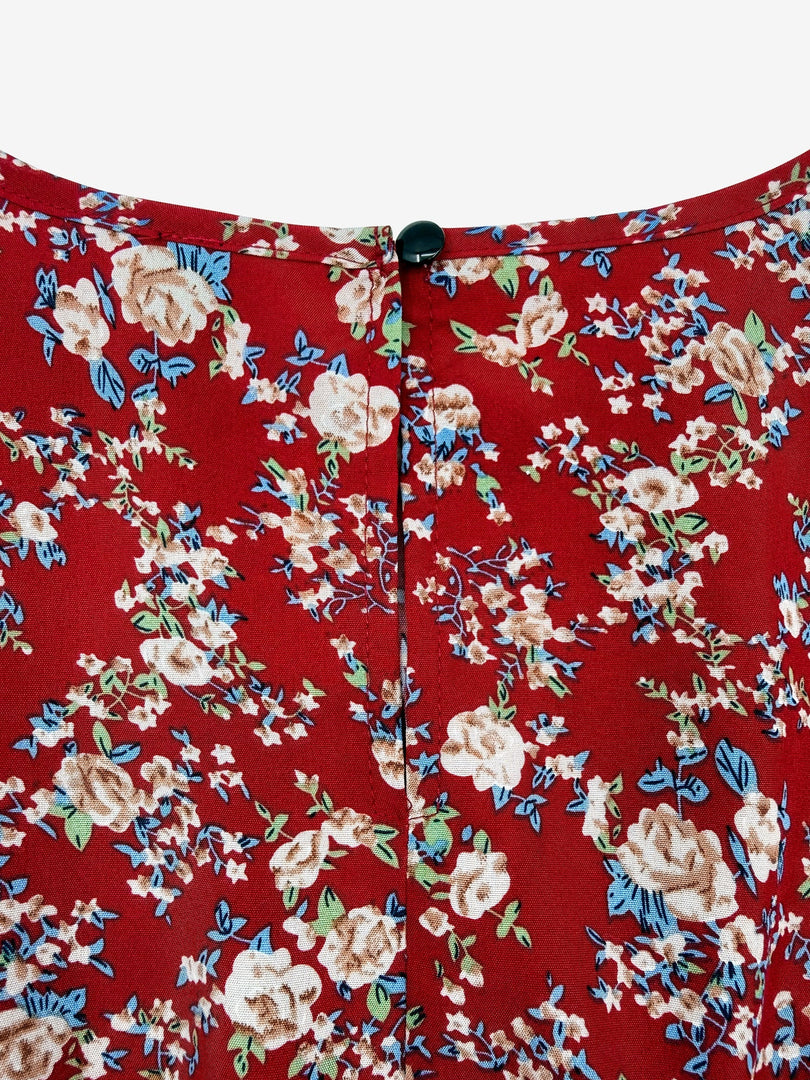 Women's Red Floral Dress Puff Sleeve High Low Flowy Midi Style