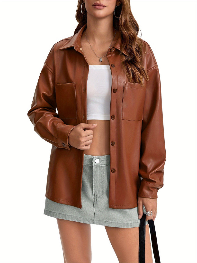 Women's Leather Jacket Button Front Collared Oversized Shacket Style