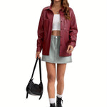 Load image into Gallery viewer, Women's Leather Jacket Button Front Collared Oversized Shacket Style

