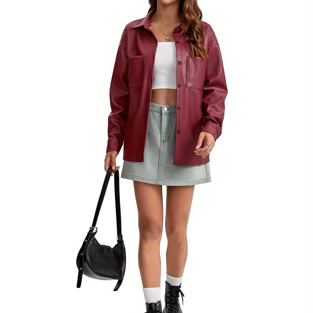 Women's Leather Jacket Button Front Collared Oversized Shacket Style