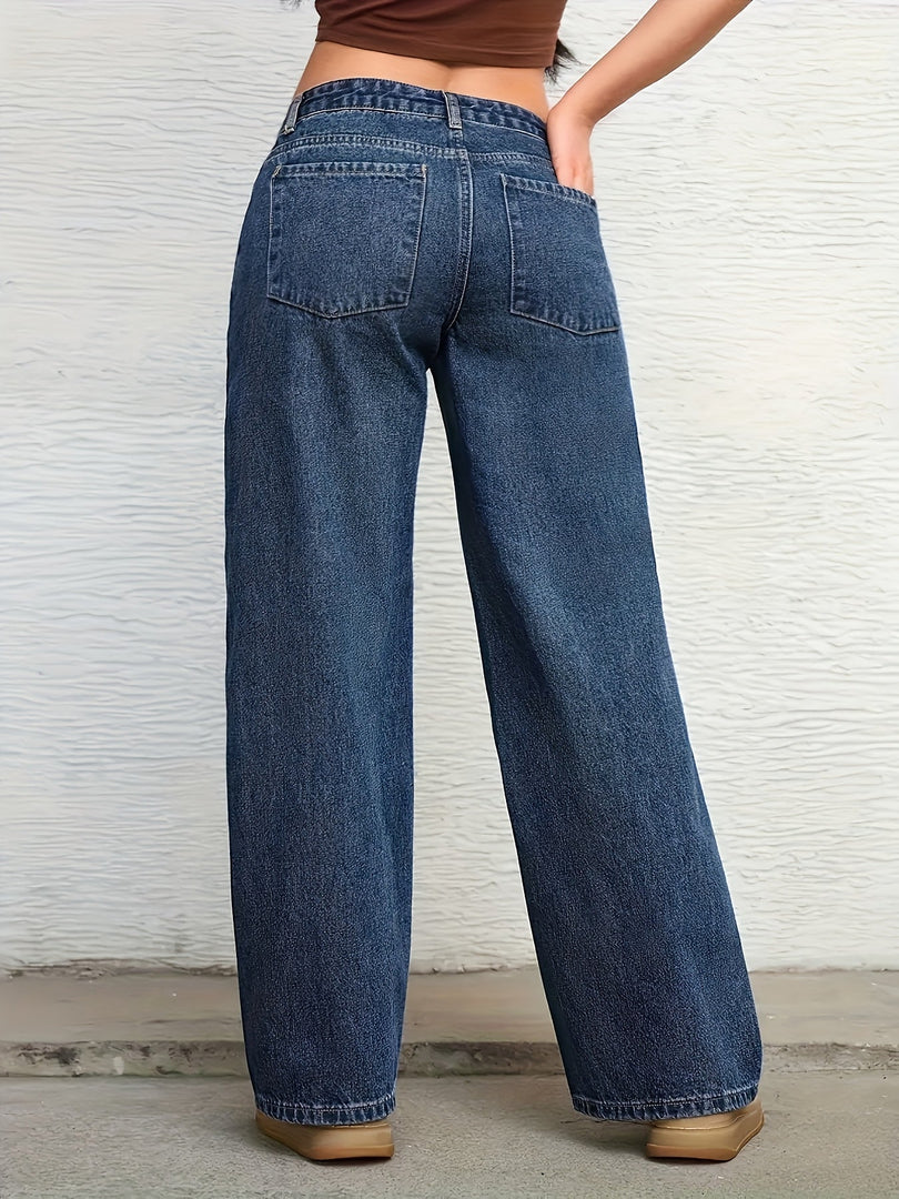 Women's Relaxed Blue Wide Leg Jeans Low Rise Flowing Style