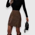 Load image into Gallery viewer, Women's Brown Mini Skirt High Waist Corduroy Textured Front Split Fitted Casual Style
