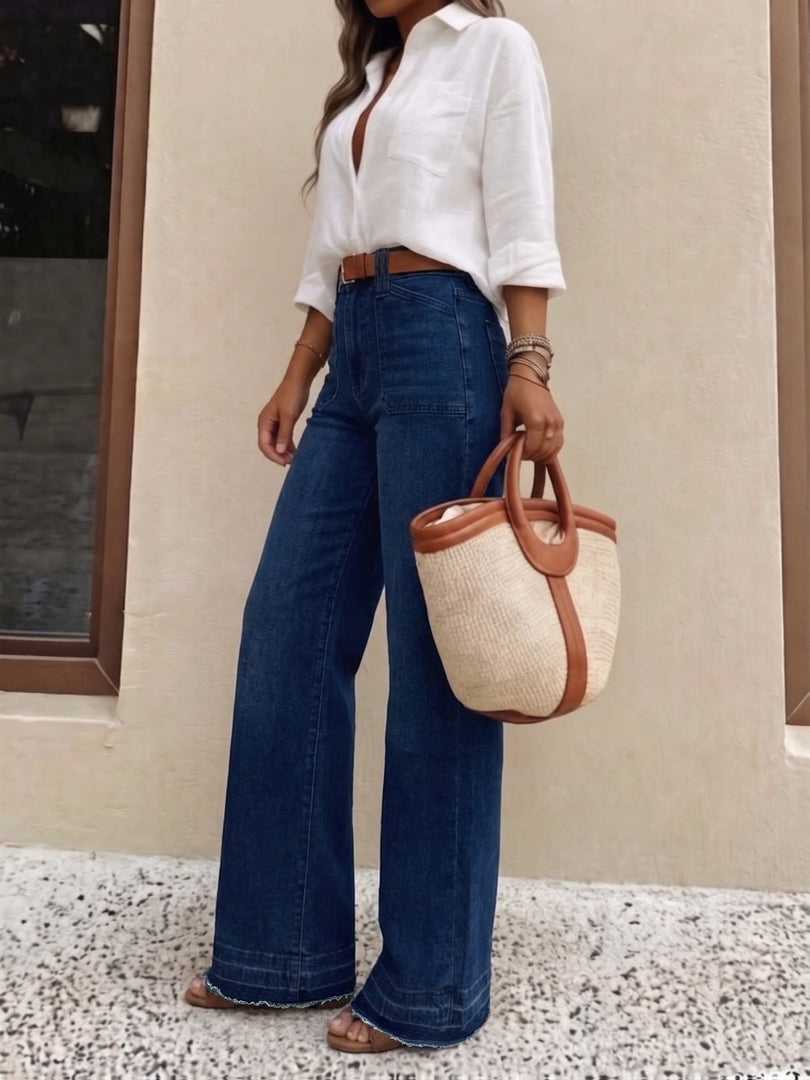 Women's Relaxed Dark Blue Wide Leg Jeans High Waist Belted Style