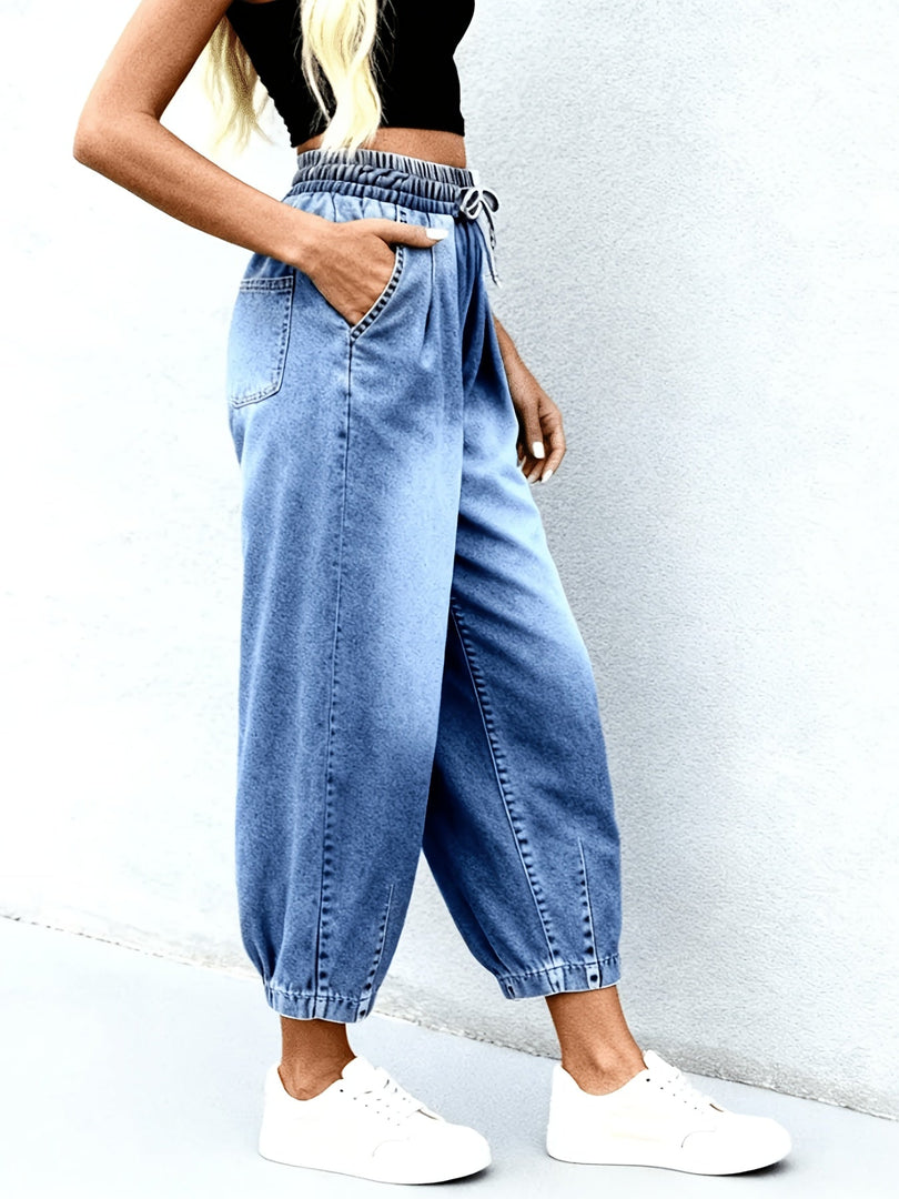 Women's Light Blue Relaxed Barrel Jeans Elastic Waist Drawstring Cuffed Hem