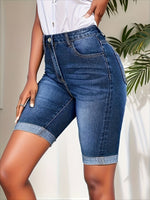 Load image into Gallery viewer, Women's Blue Denim Shorts High Waist Rolled Cuff Bermuda Slim Fit Casual Style
