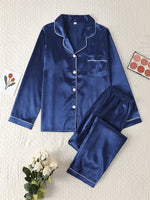 Load image into Gallery viewer, Comfortable Satin Pajamas for Women with Collar Button Front Piping Trim

