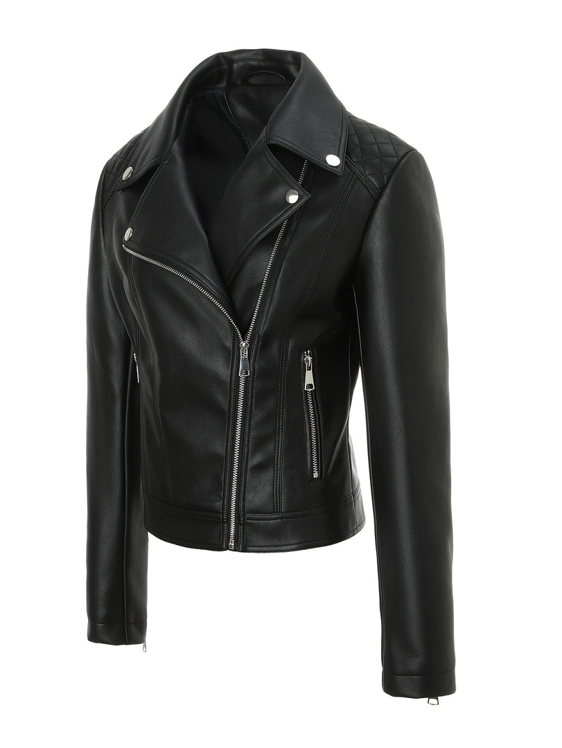 Women's Leather Moto Jacket Notch Lapel Asymmetric Zip Front Fitted Style