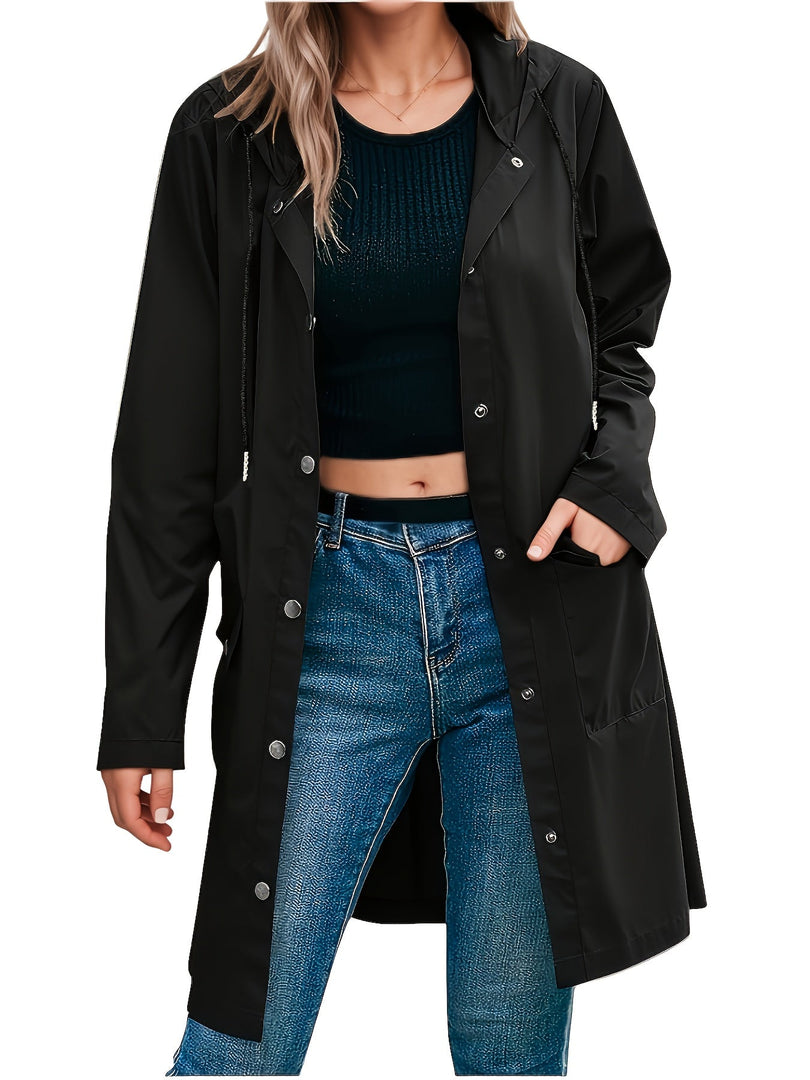 Women's Trench Coat Hooded Button Front Longline Pocket Style