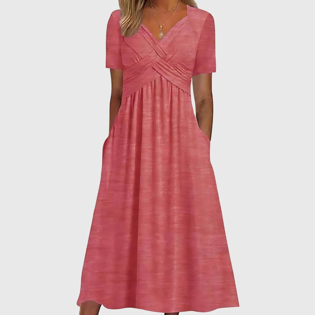 Women's Maxi Dress Surplice V Neck Short Sleeve Side Pockets Casual Style