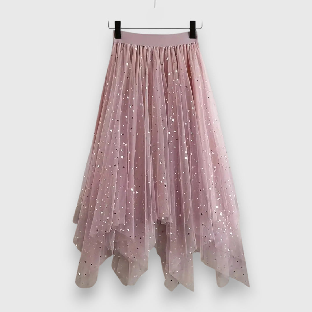 Women's Midi Skirt Elastic High Waist Sparkle Tulle Asymmetric Handkerchief Hem Casual Style