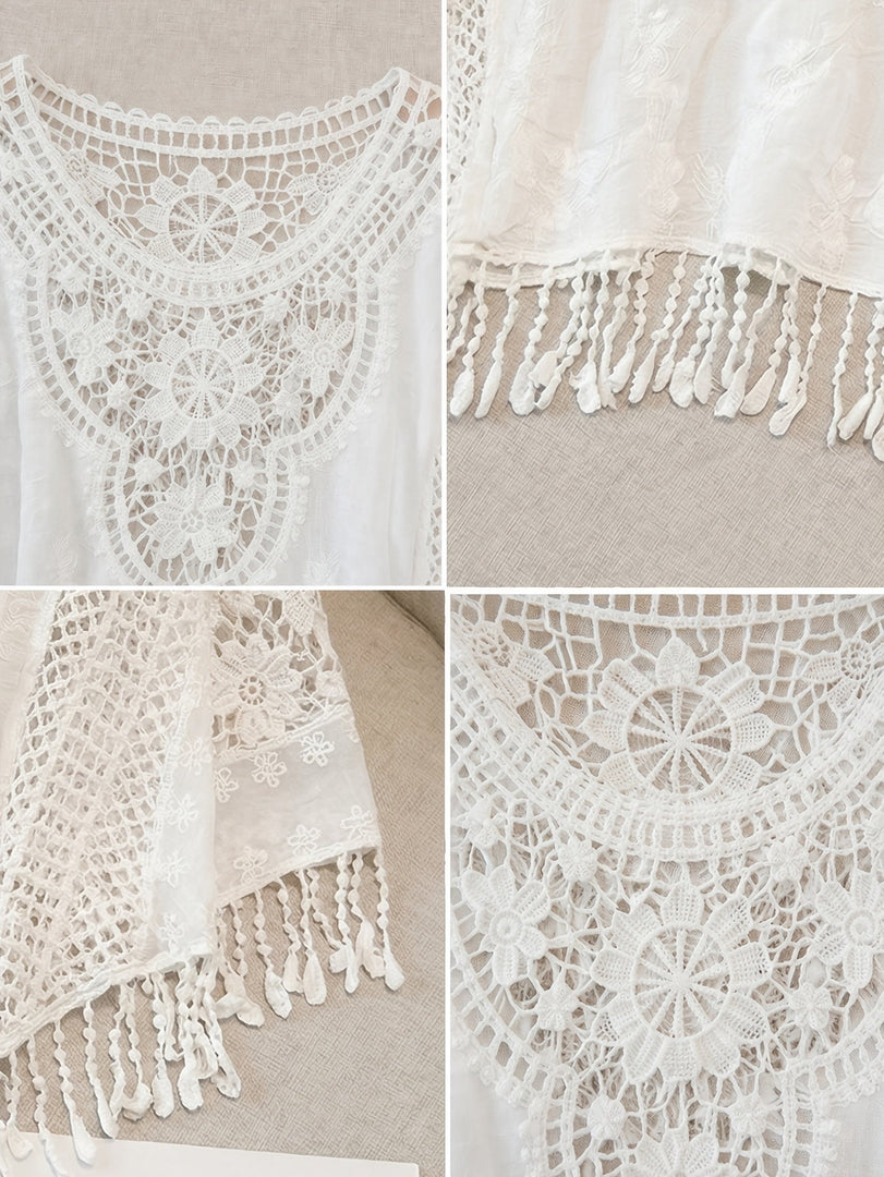 Women's Cream Poncho Shirt Crochet Lace Fringe Hem Draped Style
