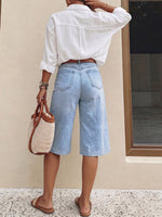Load image into Gallery viewer, Women's Light Blue Denim Culotte Jean Shorts High Waist Wide Leg Cropped Style
